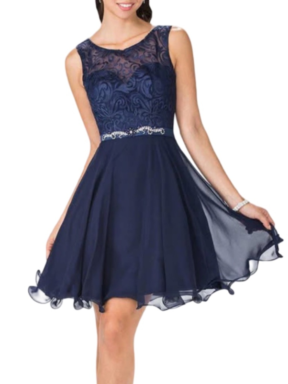 GLS Elizabeth K  Cocktail Dress Special Occasion Lace Chiffon Skirt Rhinestones